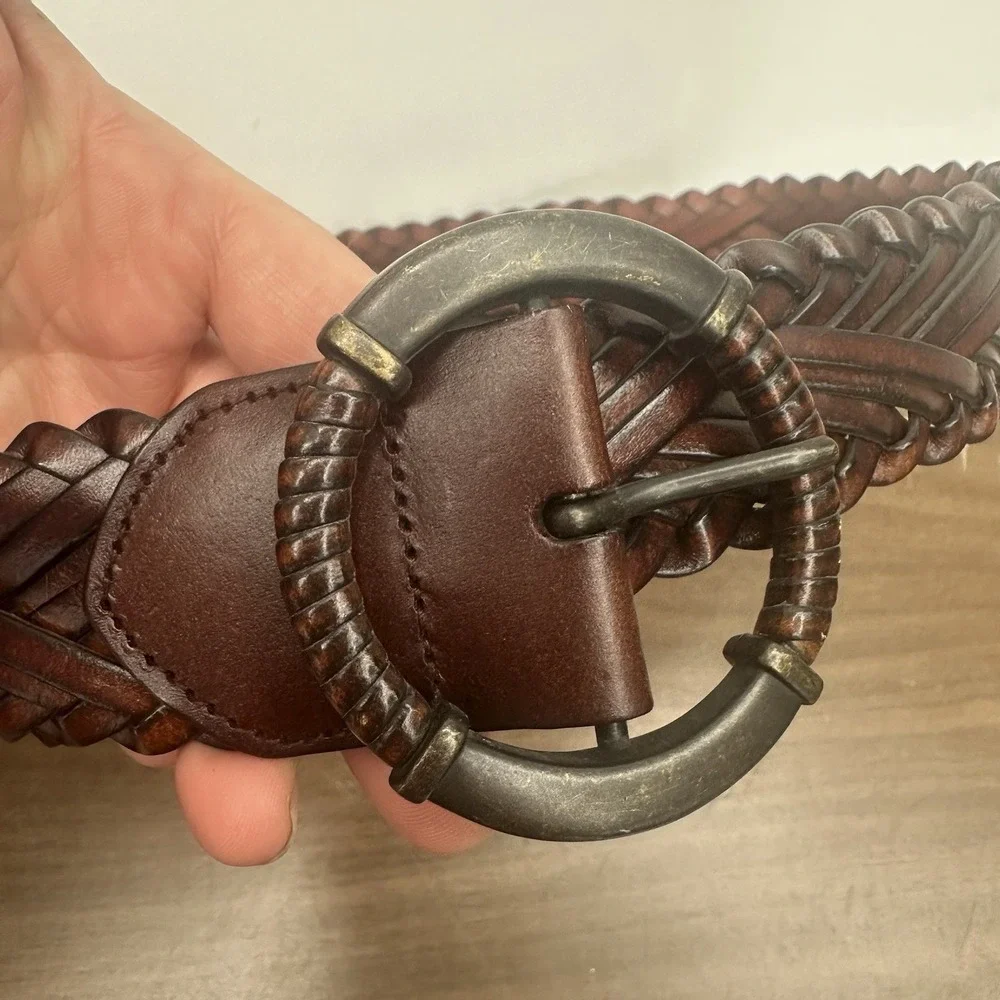 Genuine Leather L Braided Leather Belt Brown Boho Western Urban Cowgirl Brass 44